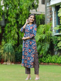 Anni Designer Women'S Cotton Blend Straight Printed Kurta With Pant (Kagali Blue_Xxl_Blue_Xx-Large),Blue,2XL,Cotton Blend,Regular,