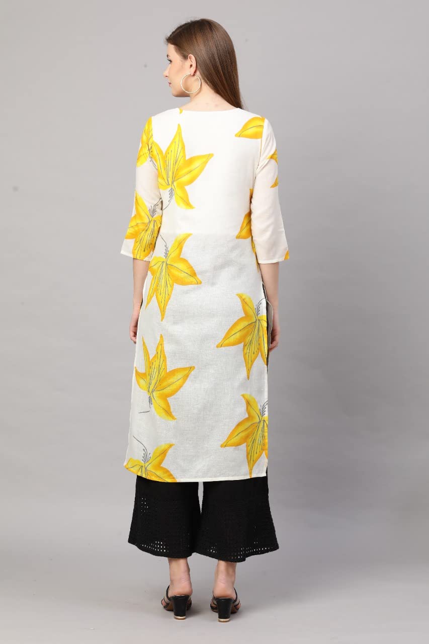 Gosriki Women'S Cotton Printed Straight Kurti (Alisha White & Yellow_M-Go_White & Yellow_Medium),White & Yellow,,B09Q6BH5WZ