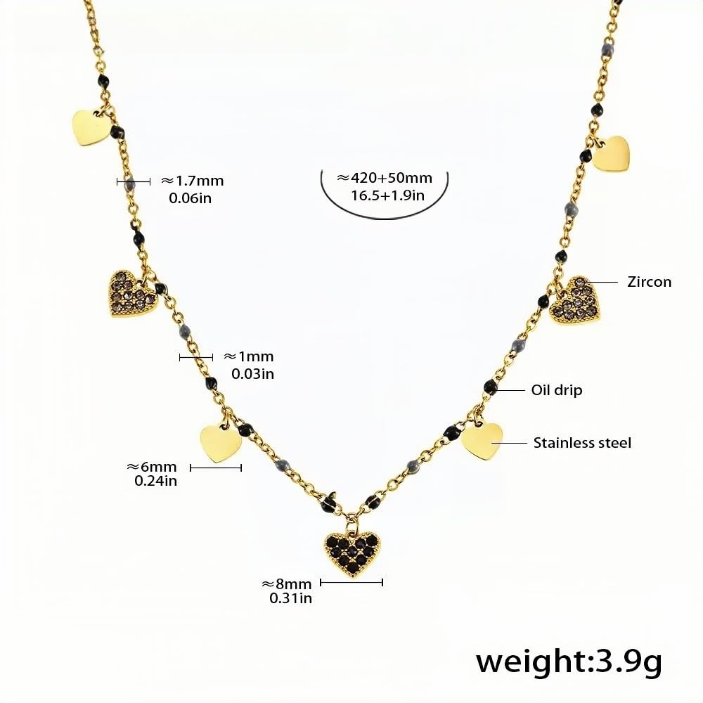 Gold Heart Charm Necklace with Black Zircon 18K Gold-Plated Stainless Steel, Elegant Dainty Jewelry 16.5''+1.9'', 3.9g