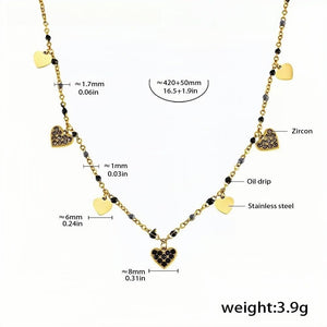 Gold Heart Charm Necklace with Black Zircon 18K Gold-Plated Stainless Steel, Elegant Dainty Jewelry 16.5''+1.9'', 3.9g