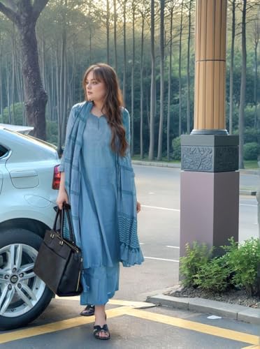 Anni Designer Women'S Rayon Blend Solid Straight Kurta With Pant & Dupatta (Raja Saab Light Blue-Vks04_L_Light Blue_Large),Light Blue,L,Rayon Blend,Regular,