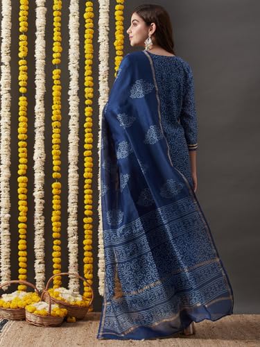 Anni Designer Women'S Cotton Blend Straight Printed Kurta With Pant & Dupatta (Rakta Blue_S_Blue_Small),Blue,S,Cotton Blend,Rakta Blue_230,Kurta, Scarf
