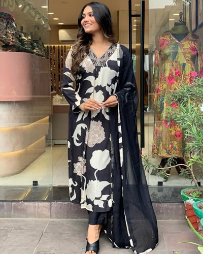 Anni Designer Women'S Rayon Blend Straight Fit Printed Kurta With Pant & Dupatta (Kalal Black_5Xl_Black_Xxxxx-Large),Black,5XL,Rayon Blend,Regular,Dupatta