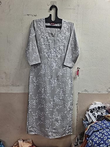 Gosriki Women'S Cotton Blend Straight Chikankari Embroidered Kurta (Sutlej-Grey-Nw-Gs_Xxl_Grey_Xx-Large),Grey,2,B0CBPQXS14
