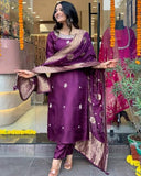 Anni Designer Women'S Cotton Blend Straight Embroidered Kurta With Pant & Dupatta (Beyond Purple_Xxl_Purple_Xx-Large),Purple,2XL,Cotton Blend,Regular,