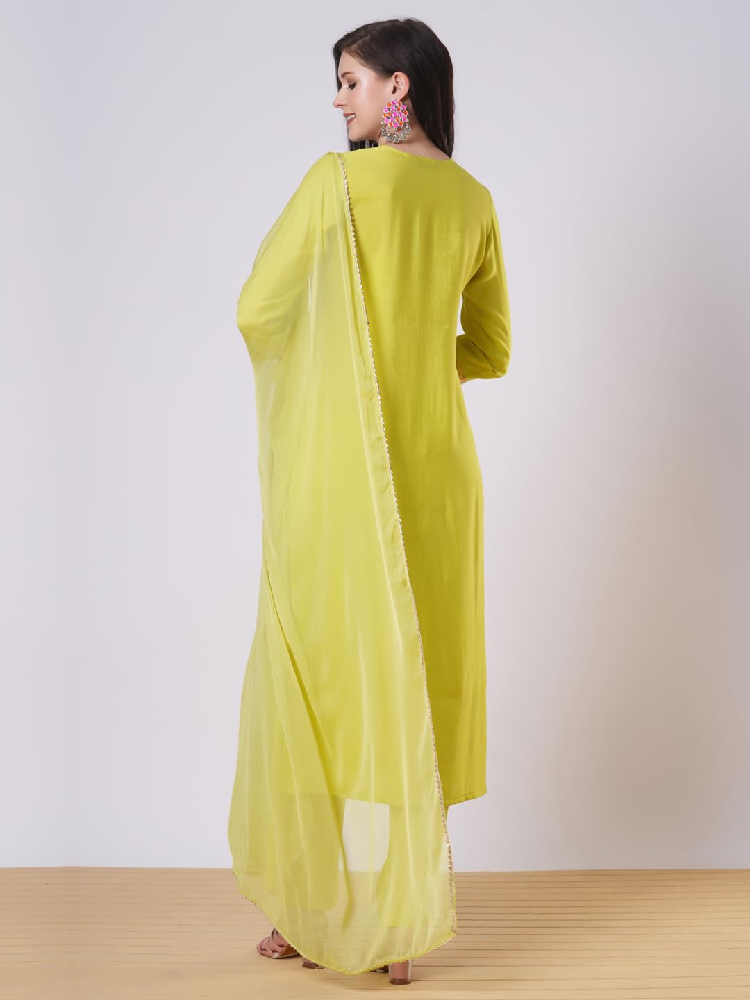 Anni Designer Women'S Rayon Viscose Embroidered Straight Kurta With Pant & Dupatta (Kochi Lime_S_Lime_Small),Lime Green,S,Rayon,Regular,