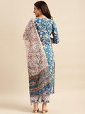 Anni Designer Women'S Cotton Blend Straight Printed Kurta With Pant & Dupatta (Kuntu Blue-Nwg_M_Blue_Medium),Blue,M,Cotton Blend,Regular,