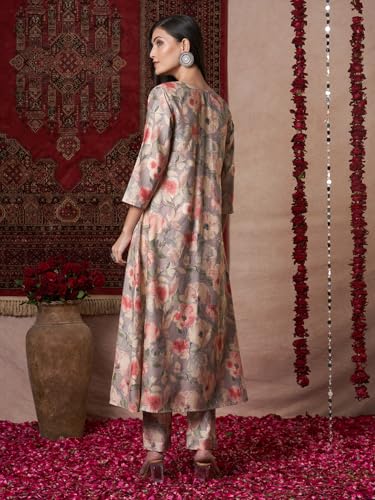 Anni Designer Women'S Rayon Blend Straight Printed Kurta With Pant (Bhaskar Grey_S_Grey_Small),Grey,S,Rayon Blend,A-Line,