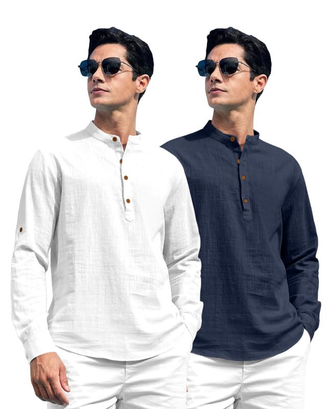 Royalscout Combo Of Men'S Solid Cotton Blend Full Sleeve Straight Kurta Shirt (Pack Of 2) White-Navy