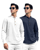 Royalscout Combo Of Men'S Solid Cotton Blend Full Sleeve Straight Kurta Shirt (Pack Of 2) White-Navy