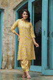 Leriya Fashion Rayon Printed A-Line Front Open Co-Ord Kurta Set For Women (Lf-W2126&Tr1093-S-Yellow)