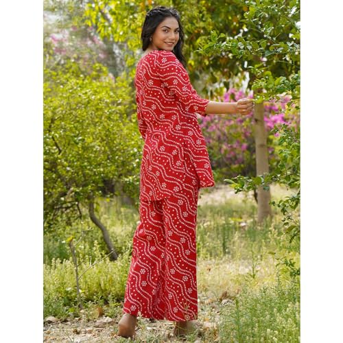 Anni Designer Women'S Rayon Blend Straight Bandhej Printed Kurta With Pant (Nesta Red_M_Red_Medium),Red,M,Rayon Blend,Classic,Kurta