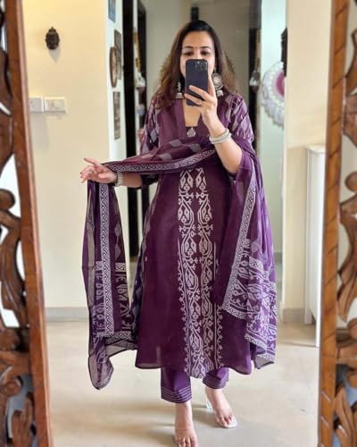 Anni Designer Women'S Rayon Viscose Printed Anarkali Kurta With Pant & Dupatta (Jarry Wine_L_Wine_Large),Wine,L,Rayon,Anarkali,