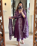 Anni Designer Women'S Rayon Viscose Printed Anarkali Kurta With Pant & Dupatta (Jarry Wine_M_Wine_Medium),Wine,M,Rayon Blend,Anarkali,