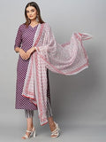 Gosriki Women'S Cotton Blend Straight Printed Kurta With Pant & Dupatta (Lathi Wine-Gs_S_Wine_Small),Wine,,B0CGD6DGPL