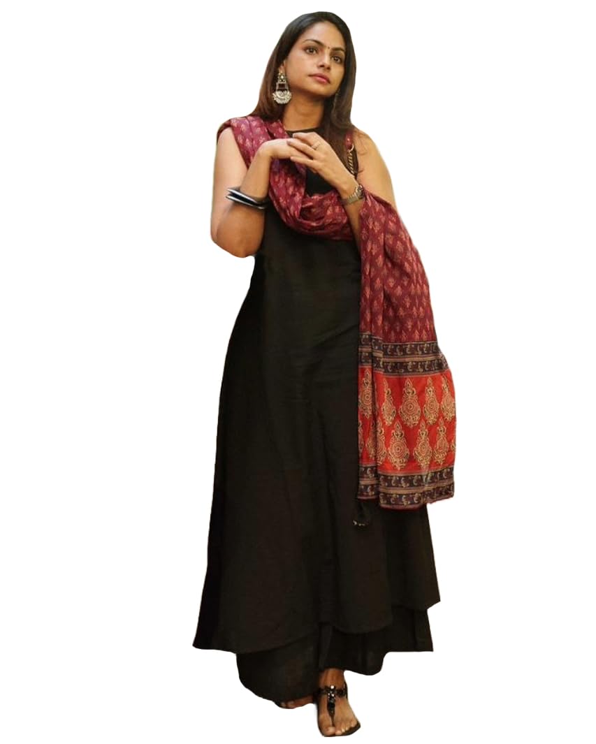 Anni Designer Women'S Rayon Viscose Solid A-Line Kurta With Palazzo & Dupatta (Umika Black_S_Black_Small),Black,S