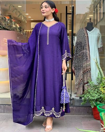 Anni Designer Women'S Rayon Blend Anarkali Embroidered Kurta With Pant & Dupatta (Ranibai Blue_S_Blue_Small),Blue,S,Rayon Blend,Classic,