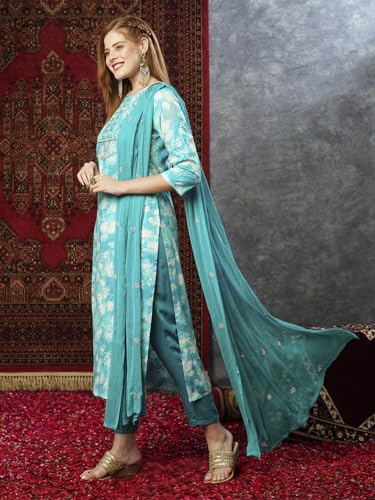 Anni Designer Women'S Cotton Blend Printed Straight Kurta With Pant & Dupatta (Bhadrusha See Green_L_See Green_Large),See Green,L,Cotton Blend,Regular,