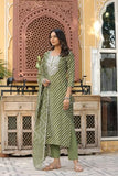Anni Designer Women'S Cotton Blend Straight Printed Kurta With Pant & Dupatta (Doremi-Green_S_Green_Small),Green,S,Cotton Blend,Regular,