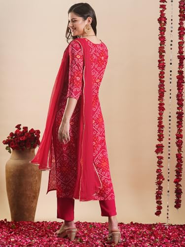 Anni Designer Women'S Rayon Blend Straight Bandhej Printed Kurta With Pant & Dupatta (Turae Rani-Vks02_Xl_Pink_X-Large),Pink,XL,Rayon Blend,Regular,
