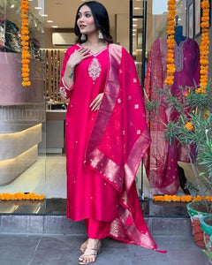 Anni Designer Women'S Silk Blend Straight Embroidered Kurta With Pant & Dupatta (Premium Pink_L_Pink_Large),Pink,L,Silk Blend,Casual,Kurta,Pant,Dupatta