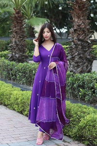 Anni Designer Women'S Cotton Blend Anarkali Embroidered Kurta With Pant & Dupatta (Gsk-Purple_Xl_Purple_X-Large),Purple,XL,Cotton Blend,Anarkali,