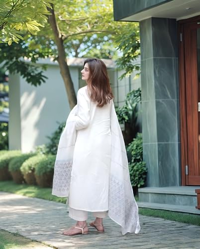 Anni Designer Women'S Rayon Blend Printed Straight Kurta With Pant & Dupatta (Mirai White-Vks02_5Xl_White_Xxxxx-Large),White,5XL,Vicose Rayon,Regular,