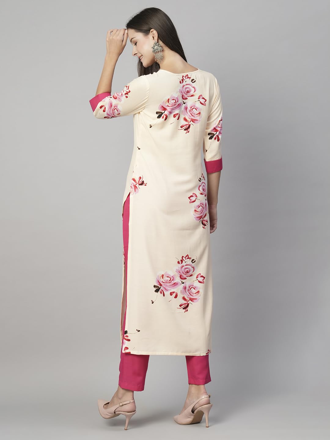 Anni Designer Women'S Cotton Blend Printed Straight Kurta With Pant (Tissa Cream-Stn_L_Cream_Large),Cream,L,Cotton Blend,Regular,Kurta