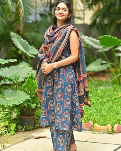 Gosriki Women'S Rayon Blend Anarkali Printed Kurta With Palazzo & Dupatta (Nethra Blue-Gs_Xl_Blue_X-Large),Blue,,B0DK9NRHWD