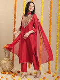 Anni Designer Women'S Rayon Viscose Straight Embroidered Kurta With Pant & Dupatta (Galpatiyo Red_S_Red_Small),Red,S,Rayon Viscose,Regular,
