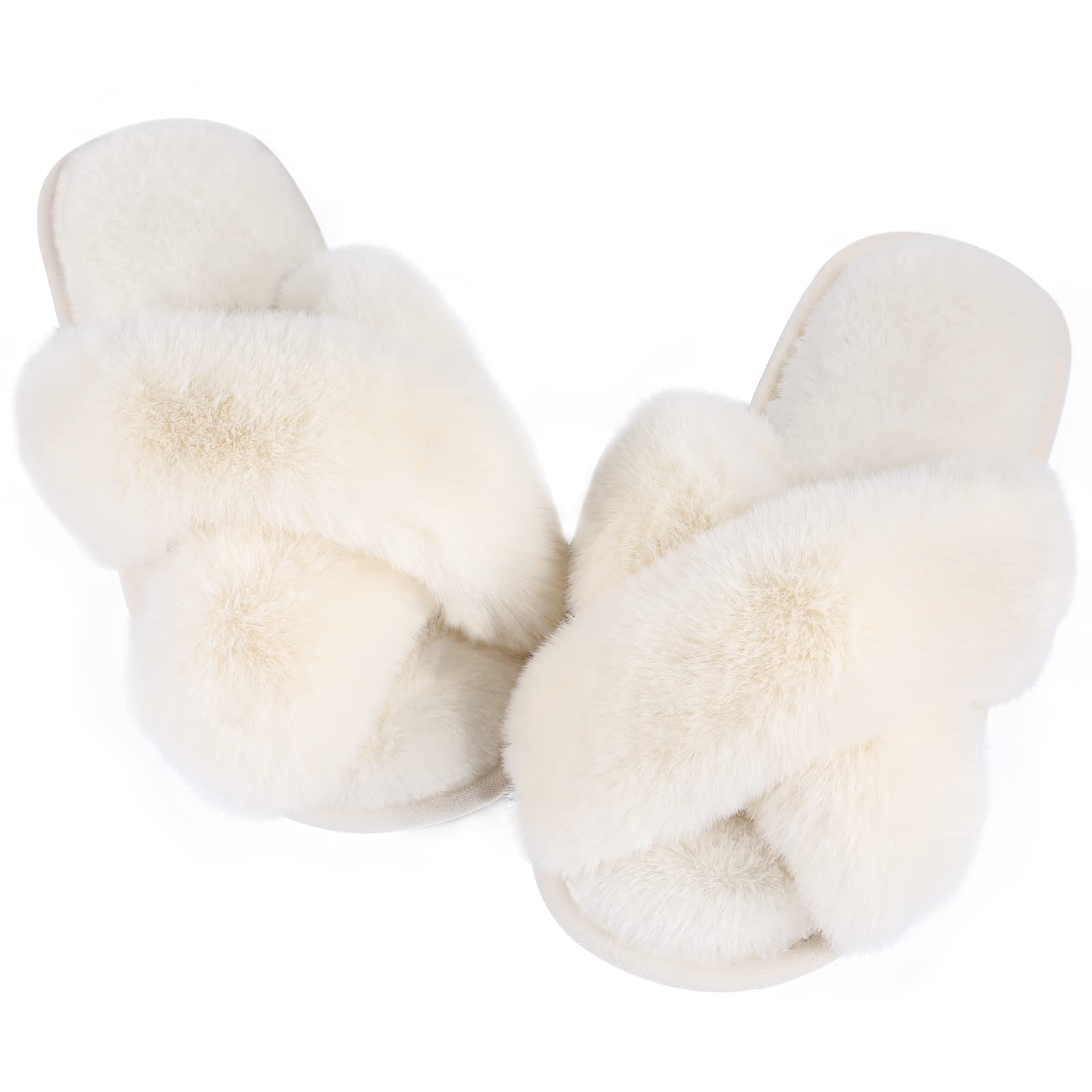 Ankis Women White Fuzzy Fluffy Slippers Soft cozy Plush Memory Foam Slipper Open Toe Bedroom comfy cross Band for Womens