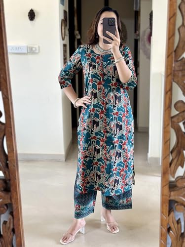 Anni Designer Women'S Rayon Viscose Straight Printed Kurta With Pant (Palhar Blue_Xxl_Blue_Xx-Large),Blue,2XL,Rayon Blend,Classic,