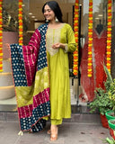 Anni Designer Women'S Rayon Viscose Embroidered Anarkali Kurta With Pant & Dupatta (Jennu Mehandi_L_Mehandi_Large),Mehandi,L,Rayon,Anarkali,