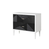 Benjara Accent Table with Geometric Pattern 2 Drawer Front, White and Black