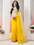 Satrani Womens Georgette Dyed Padding Ready To Wear Saree With Unstitched Blouse Piece (4Rs103N_Turmeric & Off White6)