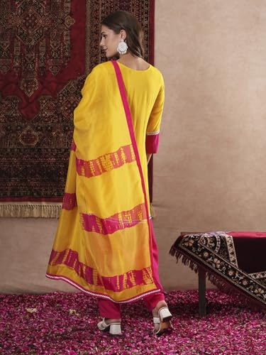 Gosriki Women'S Cotton Blend Straight Solid Kurta With Pant & Dupatta (Panai Yellow-Vks01-Gs_Xxl_Yellow_Xx-Large),Yellow,2,B0DM1XTL44