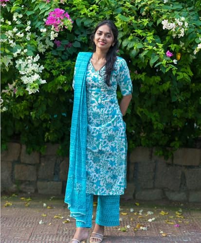 Anni Designer Women'S Cotton Blend Straight Printed Kurta With Pant & Dupatta (Ramitara Blue_L_Blue_Large),Blue,L,Rayon Blend,Regular,