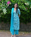 Anni Designer Women'S Cotton Blend Straight Printed Kurta With Pant & Dupatta (Ramitara Blue_S_Blue_Small),Blue,S,Rayon Blend,Regular,