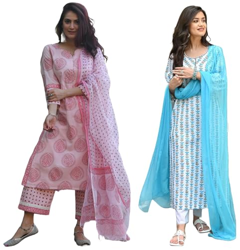 Anni Designer Women'S Cotton Blend Printed Straight Kurta With Pant & Dupatta Pack Of 2 (Combo-Chhapa-Pink-April-Sky Blue_L_Multi_Large),Multicolour,L