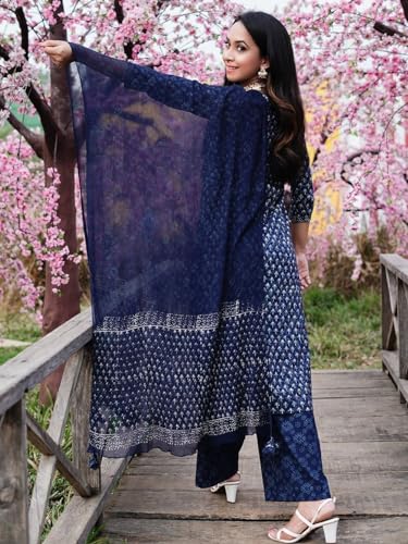 Anni Designer Women'S Cotton Blend Straight Printed Kurta With Pant & Dupatta (Bc Blue-Nw_M_Blue_Medium),Blue,M,Cotton Blend,Classic,Kurta, Scarf