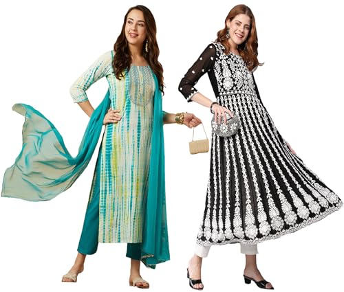 Anni Designer Women'S Cotton Blend Embroidered Straight Kurti Pant Dupatta Set Combo Pack Of 2 (Tiedye-Rama Blue & Kari Black_2104_Multicolor_Xxxx-Large),Multicolour,4XL