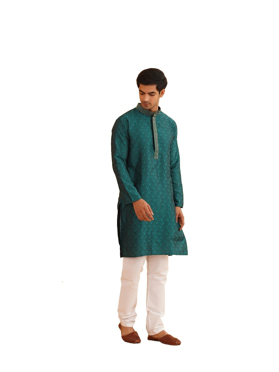 Sojanya (Since 1958 Men'S Emerald Green Jacquard Silk Kurta & Churidaar Pyjama