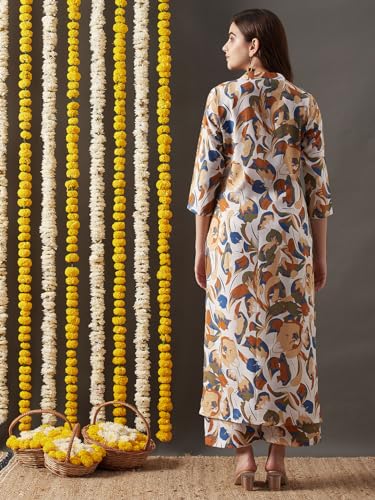 Anni Designer Women'S Cotton Blend Straight Printed Kurta With Palazzo (Yamla Yellow_M_Yellow_Medium),Yellow,M,Cotton Blend,Regular,