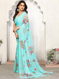 Satrani Georgette Womens Geoegette Floral Print Saree With Unstitched Blouse Piece (3112S2155Na_Sky Blue1)