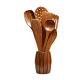Think n Crafts Sheesham Wood Cooking & Serving Spoons Set of 6 | Natural Wooden Kitchen Utensils Set | Spatula, Ladle & Slotted