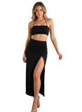 GRECIILOOKS Womens Two Piece Co-Ord Set Crop Top and High Slit Maxi Skirt Party Look Stylish Co-Order Outfit, black, Small