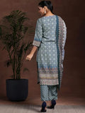 Libas Womens Printed Crepe Straight Kurta With Trousers And Dupatta Grey Xl 36934