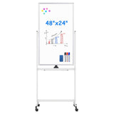 Magnetic Mobile White Board, 48 x 24 Double Sided Dry Erase Board Rolling Whiteboard Aluminum Frame Standing Whiteboard on Wheel