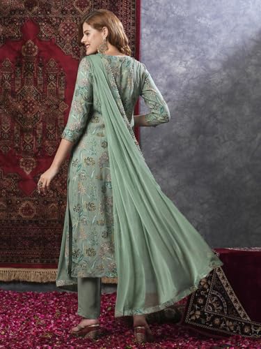 Anni Designer Women'S Rayon Blend Printed Straight Kurta With Pant & Dupatta (Vice Green-Vks03_Xxl_Green_Xx-Large),Green,2XL,Rayon Blend,Regular,