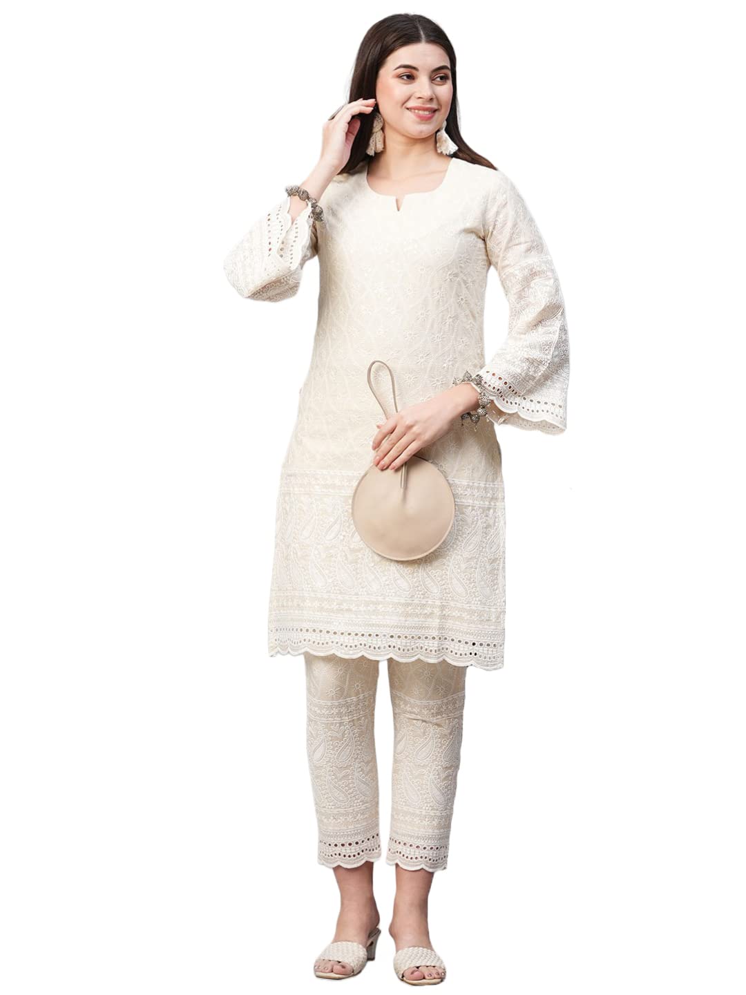 Gosriki Women'S Pure Cotton Chikankari Embroidered Straight Kurta With Pant (Mavak Cream01-Gs_M_Cream_Medium),Cream,,B0BSVD1JKR